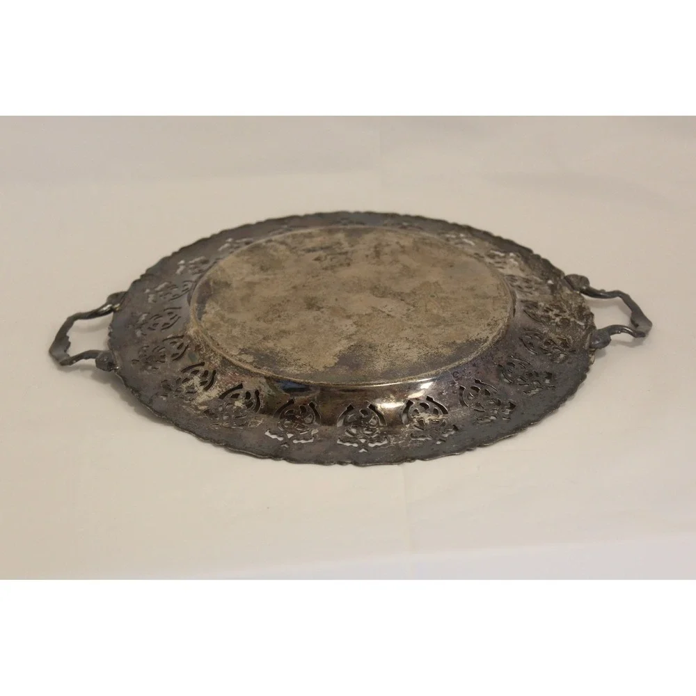 Vintage Antique Victorian Silver Plated Copper Serving Platter Tray w handle 12